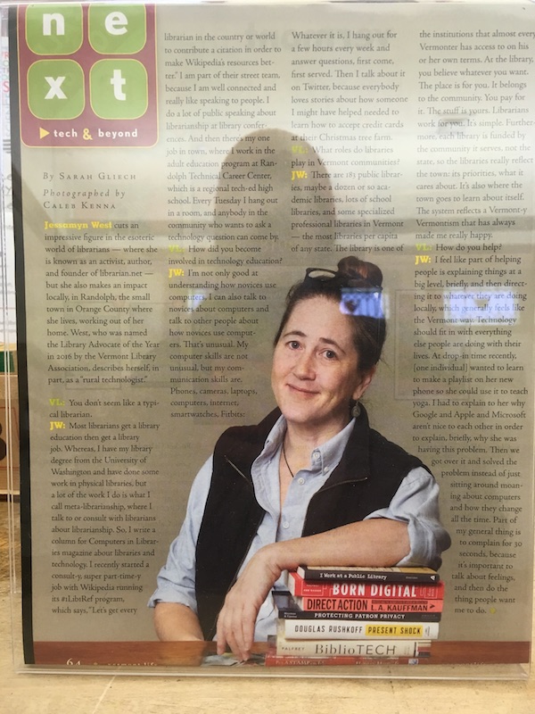 an image of me in my librarian outfit looking decently good alongside an interview for which there is no online version.