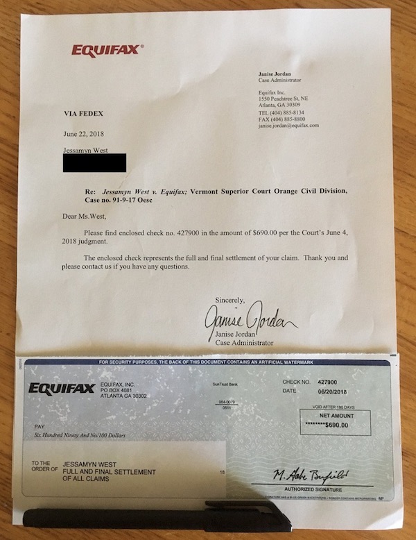 image of letter and check I received from Equifax