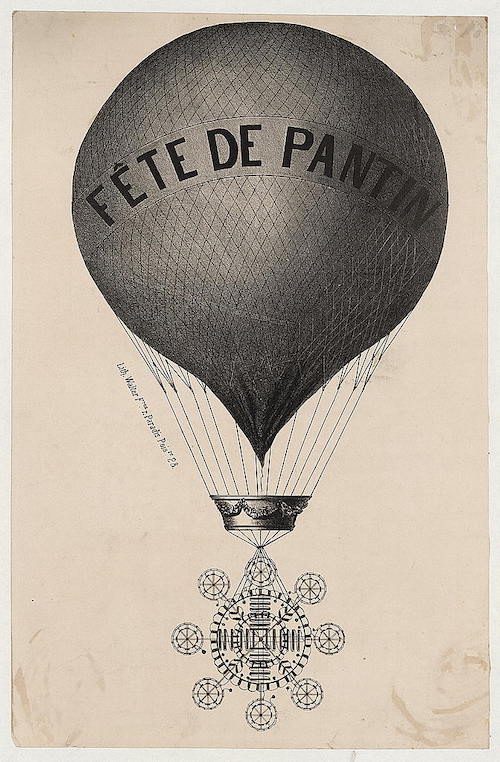 an old lithograph with a very old balloon hefting something into the sky that the caption tells me is a fireworks display mechanism