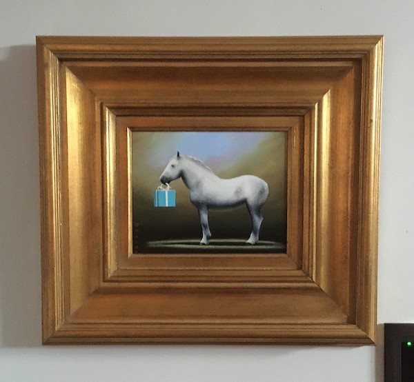 image of an odd painting heere a hors eis standing in profile holding a tiffany colored box in its mouth