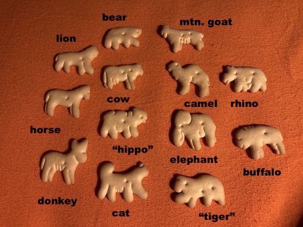 the same picture of the animal crackers as above but this one has all the animals labeled.