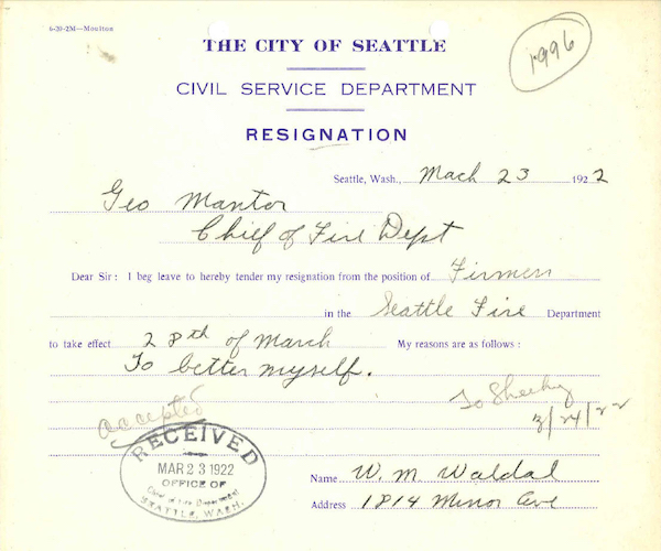 a resignation form for a seattle fireman from 1922